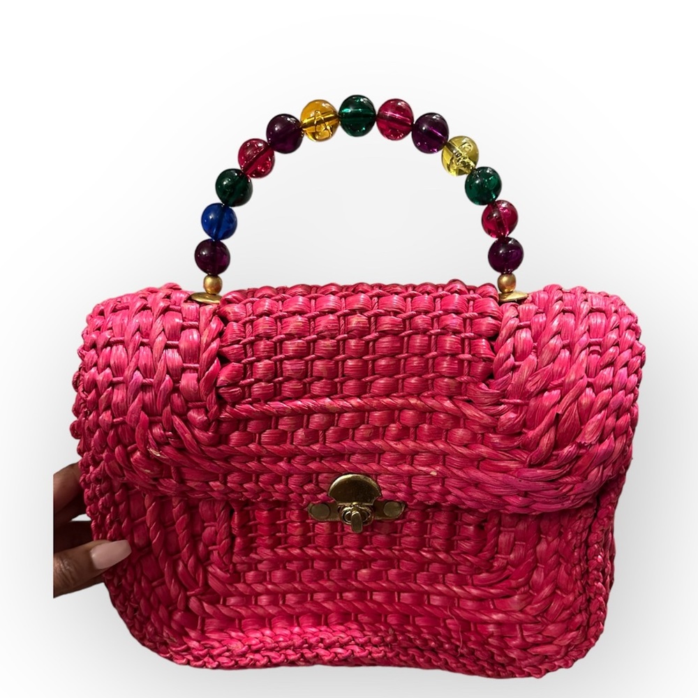 Hot Pink Straw & Beaded Hand Bag